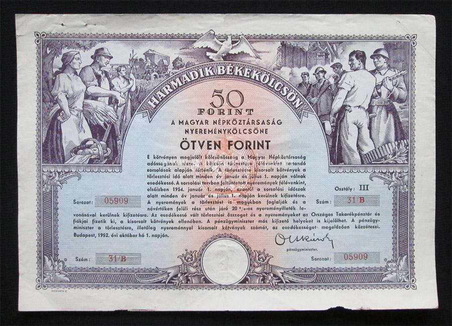 Magyar Npkztrsasg 1952 Harmadik Bkeklcsn 50 forint